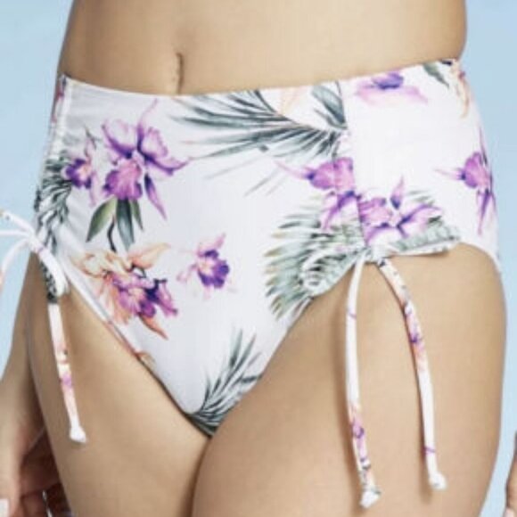 Xhilaration White Purple Floral Cheeky High Waist Bikini Bottom - Picture 2 of 9